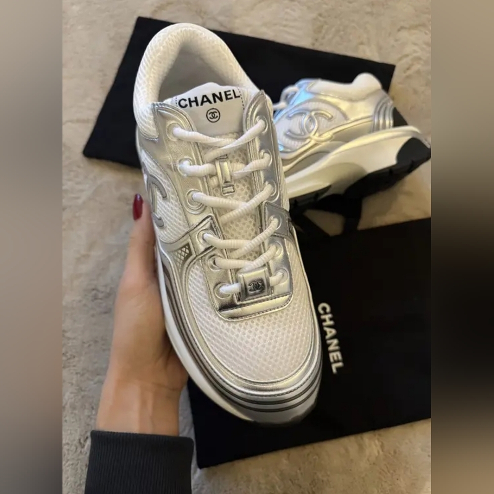 Chanel CC Logo Silver and White Women's Sneakers